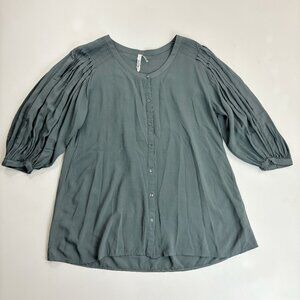 MIILLA Pleated Prairie Peasant Blouse Medium Puff Sleeves Boho Light Loose Blue